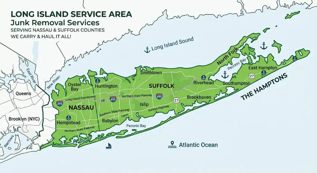 Jiffy Junk decluttering service area map for Long Island, New York